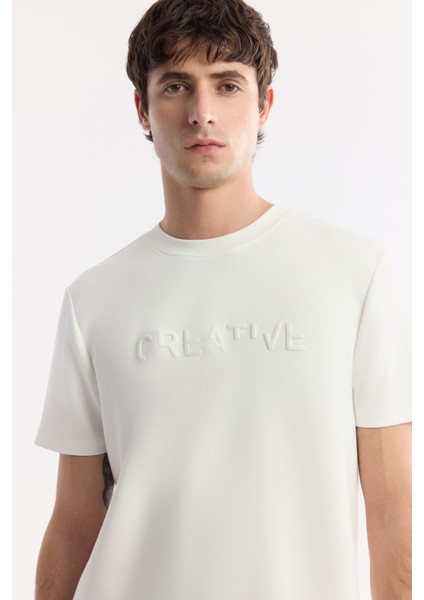 Erkek Ekru Bisiklet Yaka Baskılı Bi Stretch Interlok T-shirt A51y1131