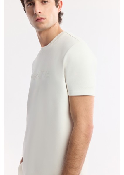 Erkek Ekru Bisiklet Yaka Baskılı Bi Stretch Interlok T-shirt A51y1131