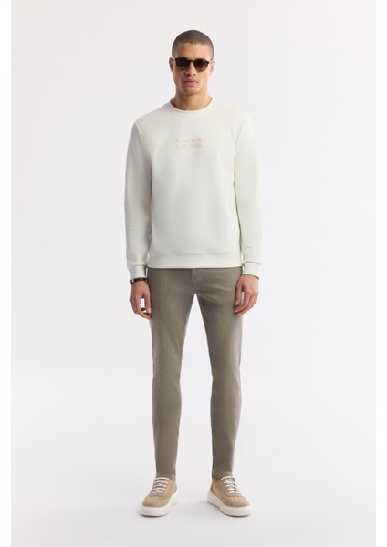 Erkek Ekru Bisiklet Yaka Baskılı Bi Stretch Interlok Sweatshirt A51y1204