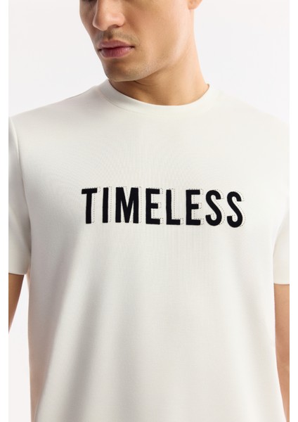Erkek Ekru Bisiklet Yaka Baskılı Bi Stretch Interlok T-shirt A51y1166