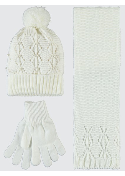 Kız Çocuk Atkı Bere Eldiven Set 10-13 Yaş Beyaz