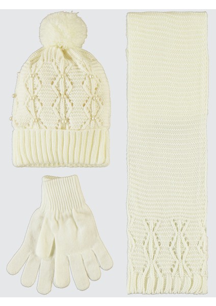 Kız Çocuk Atkı Bere Eldiven Set 10-13 Yaş Ekru