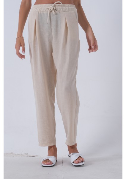 Bej Beli Lastikli Keten Pantolon 3970412.55