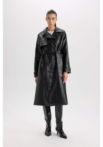 Su Geçirmez Suni Deri Trençkot Kruvaze Yaka Düğmeli Kemerli Cepli A7960AX25SP