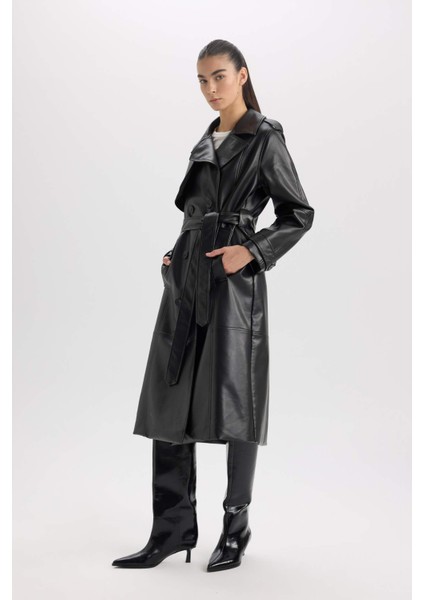 Su Geçirmez Suni Deri Trençkot Kruvaze Yaka Düğmeli Kemerli Cepli A7960AX25SP fiyatları