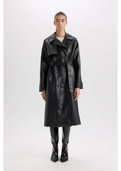 Su Geçirmez Suni Deri Trençkot Kruvaze Yaka Düğmeli Kemerli Cepli A7960AX25SP modelleri