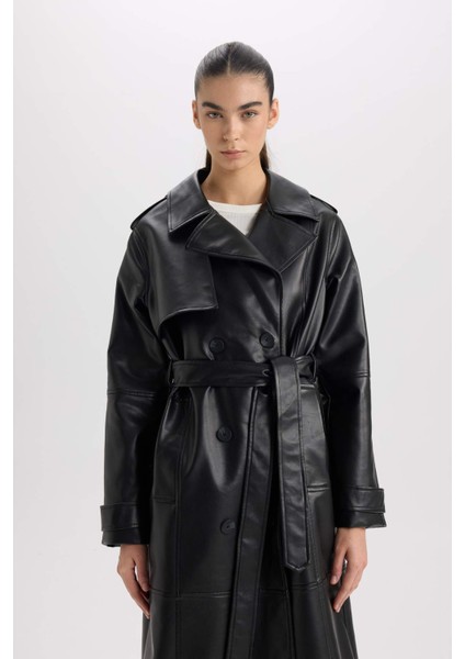 Su Geçirmez Suni Deri Trençkot Kruvaze Yaka Düğmeli Kemerli Cepli A7960AX25SP fırsatları