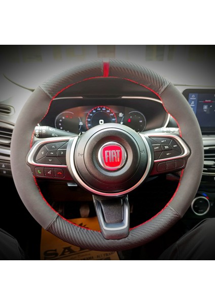 Dikişli Direksiyon Kılıfı Karbon Nubuk Deri Kırmızı Yüzük Kırmızı Dikişli Egea Için