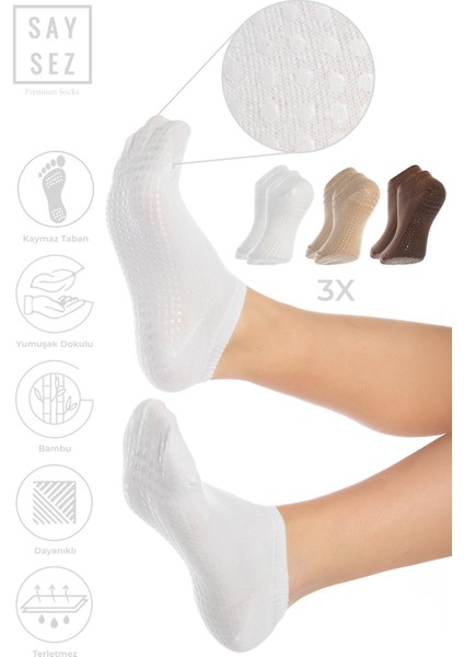 Bambu Kadın Kaydırmaz Beyaz Taban Silikon Baskı Pilates Yoga Fitness Dans Aktivite Patik Çorabı 3'lü