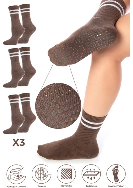 Bambu Kadın Kaydırmaz Taban Silikon Baskı Pilates Yoga Fitness Dans Aktivite Tenis Çorabı 3'lü Paket