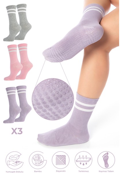 Bambu Kadın Kaydırmaz Taban Silikon Baskı Pilates Yoga Fitness Dans Aktivite Tenis Çorabı 3'lü Paket