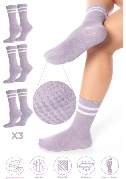 Bambu Kadın Kaydırmaz Taban Silikon Baskı Pilates Yoga Fitness Dans Aktivite Tenis Çorabı 3'lü Paket