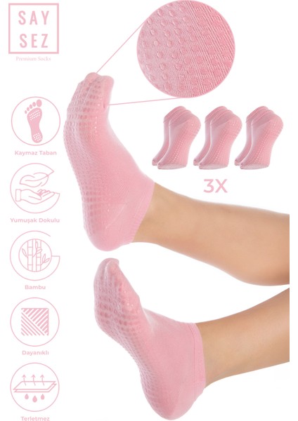 Bambu Kadın Kaydırmaz Beyaz Taban Silikon Baskı Pilates Yoga Fitness Dans Aktivite Patik Çorabı 3'lü