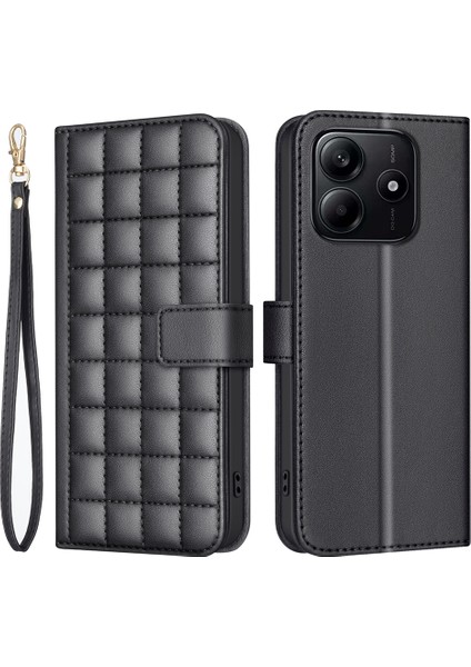 Xiaomi Redmi Note 14 Deri Cüzdan Kare Izgara Telefon Kapağı (Yurt Dışından)