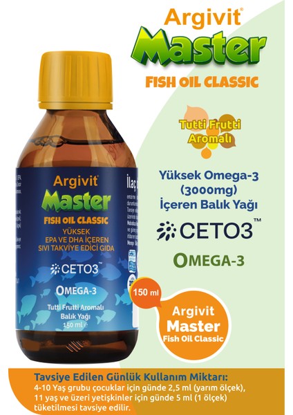 Master Fish Oil Yüksek Omega-3 İçeren Balık Yağı 150 ml - Tutti Frutti Aromalı