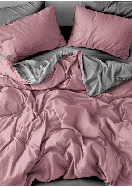 Lastikli Çarşaflı Çift Kişilik Nevresim Takımı Gül Kurusu Antrazi