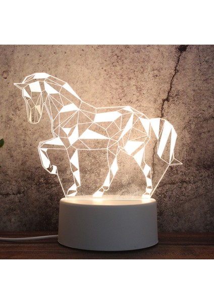 3D Üç Renkli LED Dekoratif Gece Lambası Geometrik At Beyaz (Yurt Dışından)