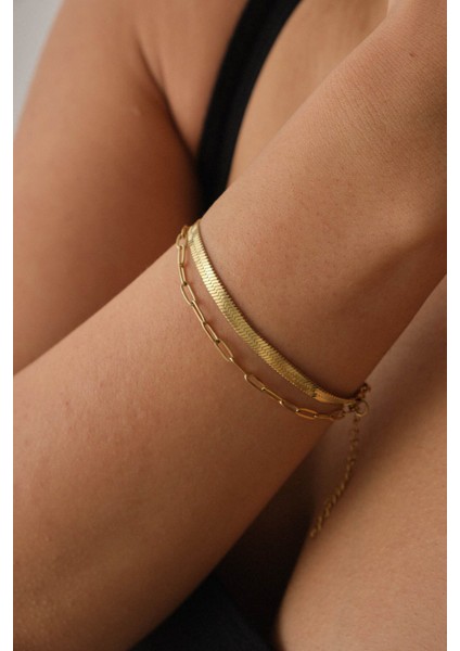 Çelik 2'li Kombin İtalyan ve Ataç Zincir Bileklik Minimal Kararmaz 17+4cm modelleri