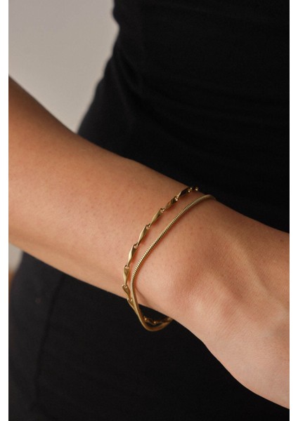 Çelik 2'li Kombin Halat İtalyan ve İnce Küp Üçgen Zincir Bileklik Minimal Kararmaz 17+4cm