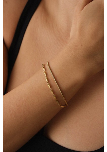 Çelik 2'li Kombin Halat İtalyan ve İnce Küp Üçgen Zincir Bileklik Minimal Kararmaz 17+4cm modelleri