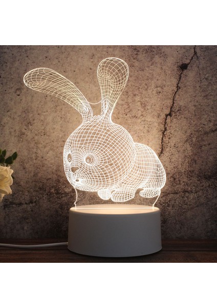 3D Üç Renkli LED Dekoratif Gece Lambası Tavşan Beyaz (Yurt Dışından)