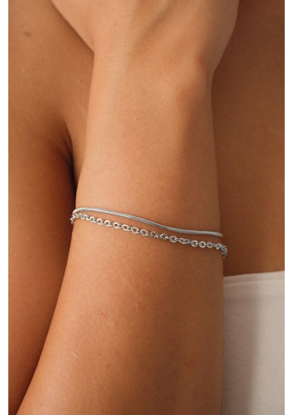 Çelik Gordion İtalyan Zincir 2'li Bileklik Kararmaz 17+6cm 1 mm & 1 mm Halat Zincir Kombin Bileklik