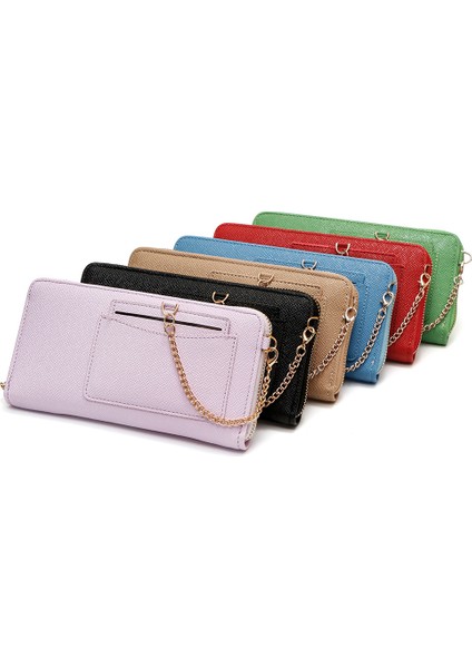 Kadın Uzun Cüzdan Düz Renkli Asılı Zincir Fermuar Büyük Kapasiteli Moda Clutch Para Cüzdanı (Yurt Dışından)