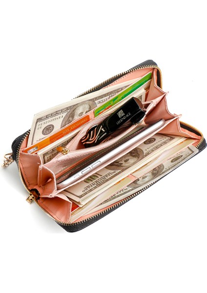 Kadın Uzun Cüzdan Düz Renkli Asılı Zincir Fermuar Büyük Kapasiteli Moda Clutch Para Cüzdanı (Yurt Dışından)