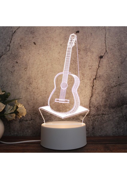 3D Tricolor LED Dekoratif Gece Lambası Gitar Beyaz (Yurt Dışından)
