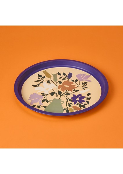 Çiçekli Tepsi - Mor - 35 Cm