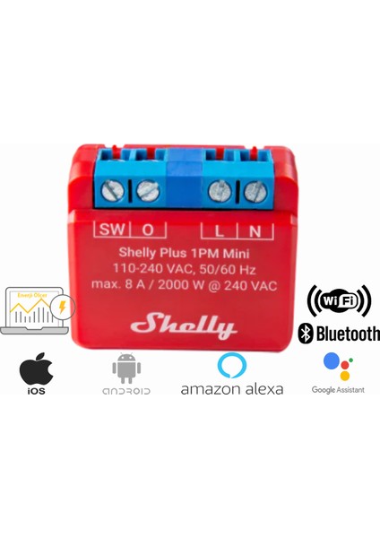 Shelly Plus 1pm Mini Gen3 1 Kanallı Enerji Ölçer Akıllı Ev Anahtarı - Wifi & Bluetooth Kontrollü Röle (Android, Ios, Alexa & Google Uyumlu)