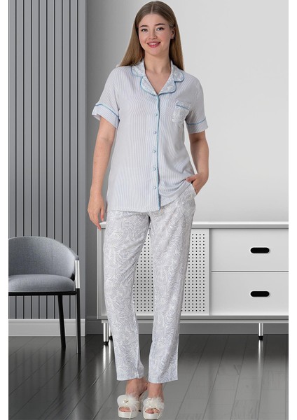 Mecit 5144 Mavi Boydan Düğmeli Kadın Pijama Takımı