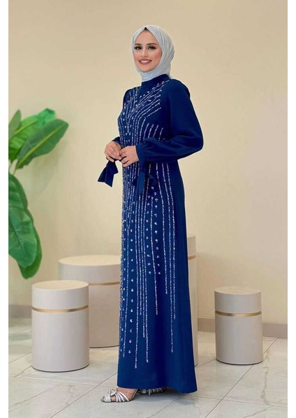 Taş Detaylı Elbise 3935 Saks