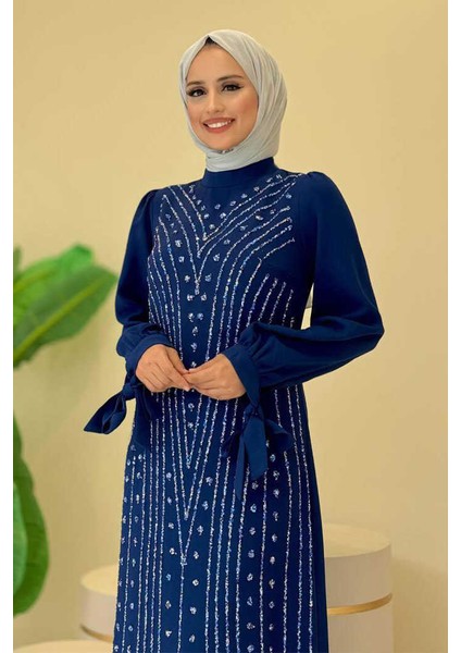 Taş Detaylı Elbise 3935 Saks