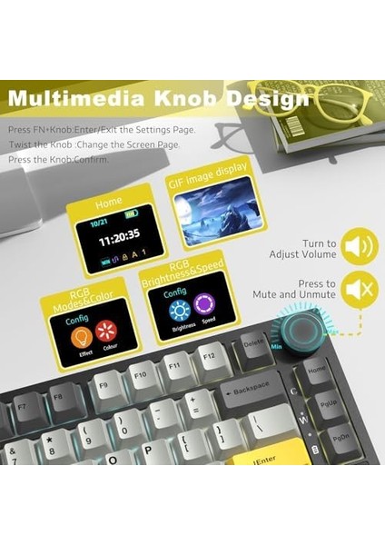 Ajazz AK820 Pro 3 Modlu%75 Mekanik Klavye, Tft Akıllı Ekran ve Düğmeye Sahip Gasket-Mounted Oyuncu Klavyesi, Bluetooth 5.1/2.4g Kablosuz/type-C Kablolu (AK820 Pro - Sarı Siyah - Gift Switch)