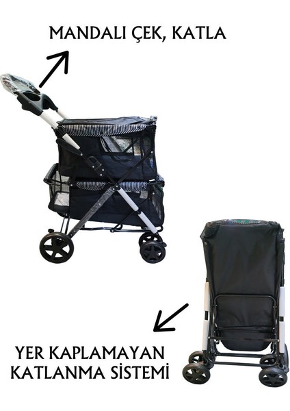 İki Katlı Evcil Hayvan Arabası 85x51x100cm Siyah Max 10+10 kg modelleri