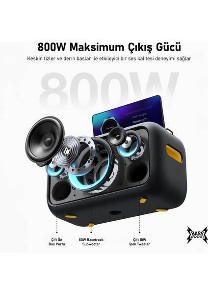 Partybox Break X1 800W Karaoke Bluetooth Hoparlör Seti, 13.3" Dahili Tablet, 2 Kablosuz Gizlenebilir Otomatik Şarjlı Mikrofon, Rgb Işıklı Taşınabilir Ses Bombası Siyah