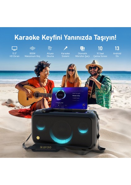 Partybox Break X1 800W Karaoke Bluetooth Hoparlör Seti, 13.3" Dahili Tablet, 2 Kablosuz Gizlenebilir Otomatik Şarjlı Mikrofon, Rgb Işıklı Taşınabilir Ses Bombası Siyah
