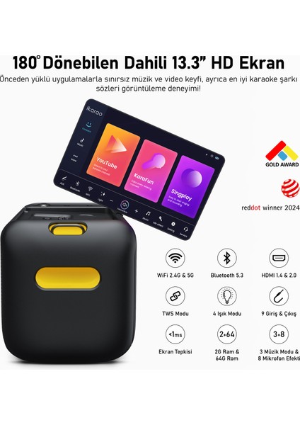 Partybox Break X1 800W Karaoke Bluetooth Hoparlör Seti, 13.3" Dahili Tablet, 2 Kablosuz Gizlenebilir Otomatik Şarjlı Mikrofon, Rgb Işıklı Taşınabilir Ses Bombası Siyah