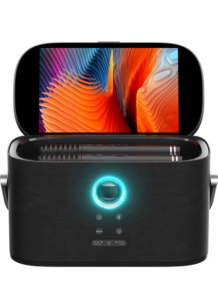 Partybox Shell S1 280W Karaoke Bluetooth Hoparlör Seti, 10.1" Dahili Tablet, 2 Kablosuz Otomatik Şarjlı Mikrofon, Rgb Işıklı Taşınabilir Ses Bombası Siyah