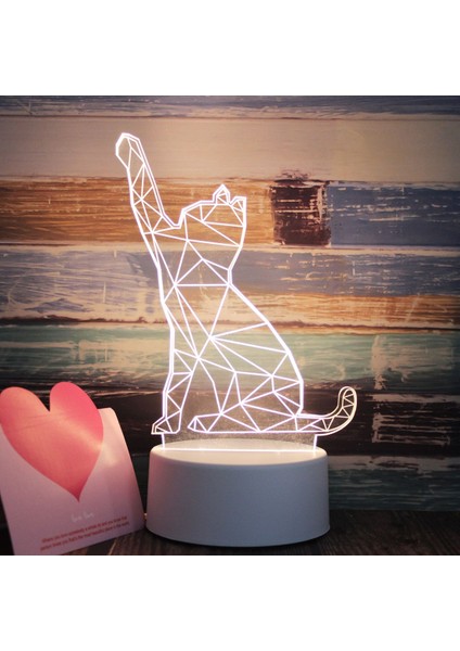 3D Üç Renkli LED Dekoratif Gece Lambası Kedi Beyaz (Yurt Dışından)