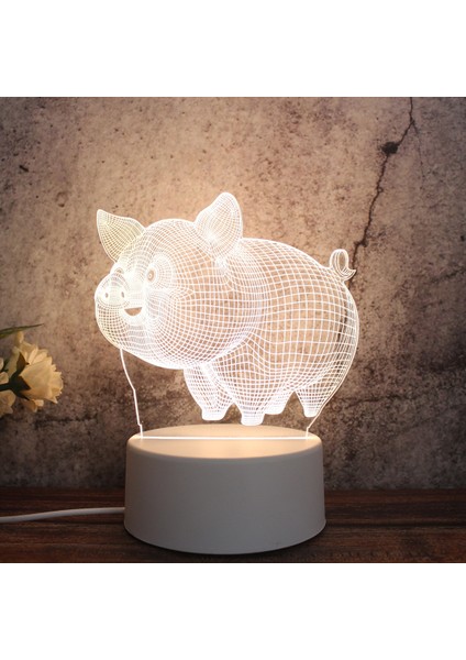 3D Üç Renkli LED Dekoratif Gece Lambası Domuz Beyazı (Yurt Dışından)