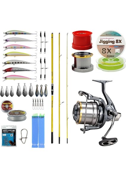 Yüksek Performans Olta Seti Okuma Makaira Surf 4,30 cm 100-250 gr 3 Parça Yellow Surf Kamışı&okuma Flite Surf FLS35-1500AY Gunsmoke 9+1bb Olta Makinesi