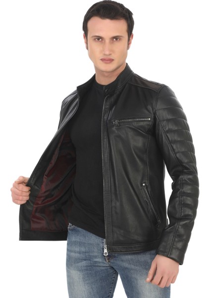 Erkek Hakiki Kuzu Derisi Ceket Siyah Biker Mont Kapitone Kollu Slim Fit El Yapımı Şık Deri Ceket