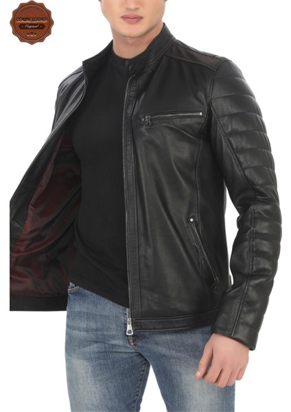 Erkek Hakiki Kuzu Derisi Ceket Siyah Biker Mont Kapitone Kollu Slim Fit El Yapımı Şık Deri Ceket