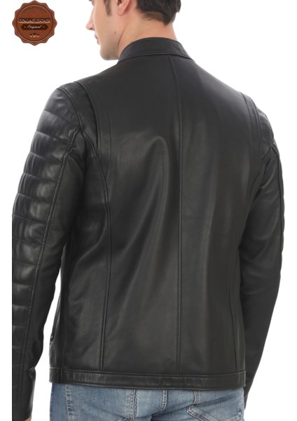 Erkek Hakiki Kuzu Derisi Ceket Siyah Biker Mont Kapitone Kollu Slim Fit El Yapımı Şık Deri Ceket