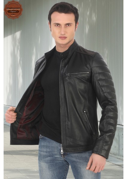Erkek Hakiki Kuzu Derisi Ceket Siyah Biker Mont Kapitone Kollu Slim Fit El Yapımı Şık Deri Ceket