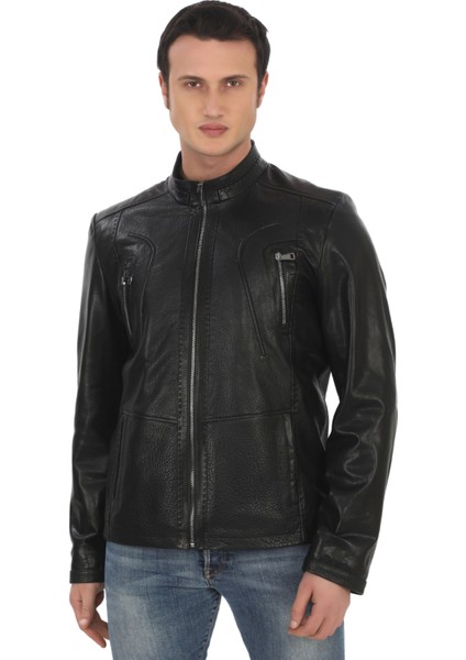 Erkek Hakiki Derimont Siyah Kuzu Derisi Ceket Fermuarlı Cepli El Yapımı Motorcu Tarzı Slim Fit