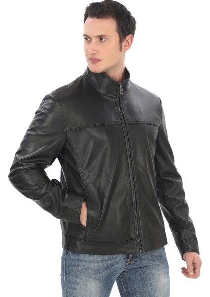 Erkek Dik Yaka Hakiki Kuzu Derisi Ceket Siyah Fermuarlı Şık Deri Mont Günlük ve Iş Kullanım