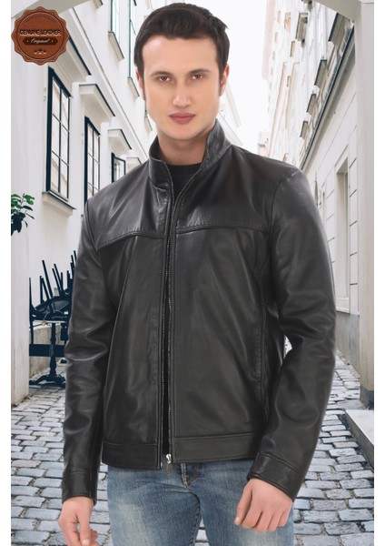 Erkek Dik Yaka Hakiki Kuzu Derisi Ceket Siyah Fermuarlı Şık Deri Mont Günlük ve Iş Kullanım fiyatları
